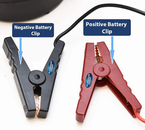 Close-up of the negative and positive battery clips for 12 Volt Utility Pump With 20 Foot Cord And Battery Clips, High Capacity 1380 GPH Water Transfer Pump.
