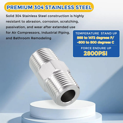 Five Pack Beefy 304 Stainless Steel Pipe Fittings Three Eighths Inch Male NPT To Three Eighths Inch Male NPT Hex Nipple Adapters