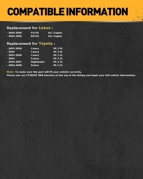 Compatibility chart for 2004-2008 Toyota Highlander Camry Solara and Lexus RX330 ES330 for alternator replacement.