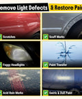 Different car paint defects like scratches, scuff marks, foggy headlights, paint transfer, acid rain marks, swirls.