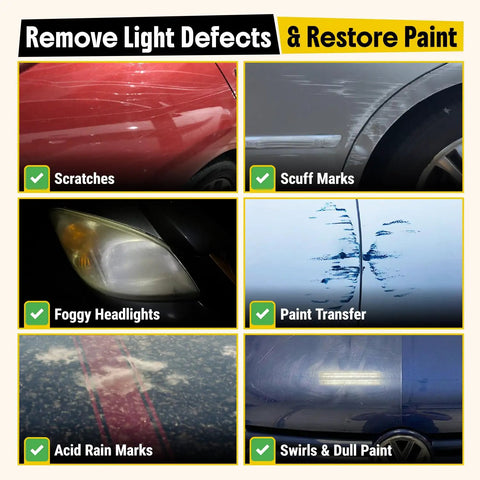 Different car paint defects like scratches, scuff marks, foggy headlights, paint transfer, acid rain marks, swirls.