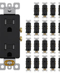 Slick Glossy Black Decorator Wall Outlet 10 Pack, tamper resistant, self grounding, 15 amp residential sockets shown in various angles.