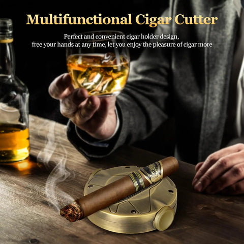 V Shape Cigar Cutter 3 In 1 With Stainless Steel Blade Integrated Holder And Decompression Rotator on bar with cigar
