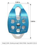 Front view of Heavy Duty Large Rescue Climbing Pulley With Swing Plate, Double Sheave Safety Pulley For Backyard Zipline And Outdoor Rock Lifting, Fits 16mm Rope, Holds Up To 6750 Lbs, Portable Blue.