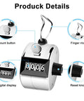 Real Deal Heavy Duty Two Pack Metal Tally Clickers In Bright Silver With Smooth Mechanical Action And Snappy Reset Lever For Super Accurate Zero To Nine Thousand Tracking On The Go. Detailed view showing count button, finger ring, and digital display.