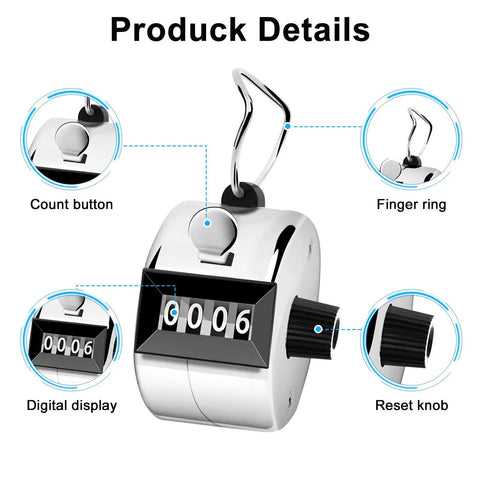 Real Deal Heavy Duty Two Pack Metal Tally Clickers In Bright Silver With Smooth Mechanical Action And Snappy Reset Lever For Super Accurate Zero To Nine Thousand Tracking On The Go. Detailed view showing count button, finger ring, and digital display.