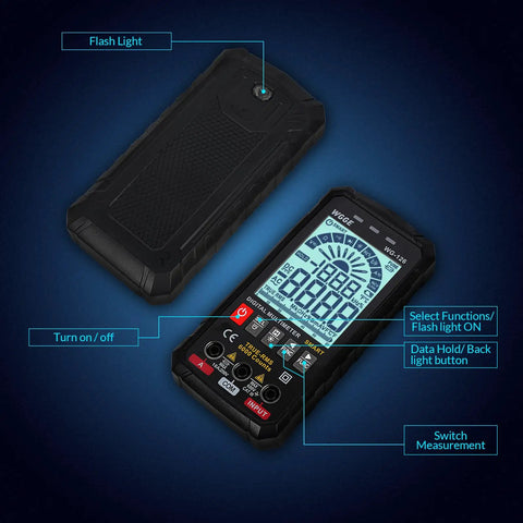 Smart Auto Ranging Digital Multimeter TRMS 6000 Counts Handy Electrical Tester with backlit display and labelled features