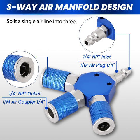 3 Way 1/4 Inch NPT Air Compressor Manifold With Quick Connect Fittings, blue aluminum body with three couplers and one plug