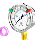 Pro Grade Stainless Steel Liquid Filled Pressure Gauge 0-30 Psi, 2.5 Inch Dial, Lower Mount, 1/4 Inch NPT Thread, Glycerin Filled