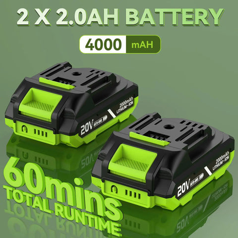 Two 20V lithium-ion batteries for 20V Cordless Tiller With Two Batteries, Feather-Light Rototiller For Seniors, 360 RPM High Torque Cultivator
