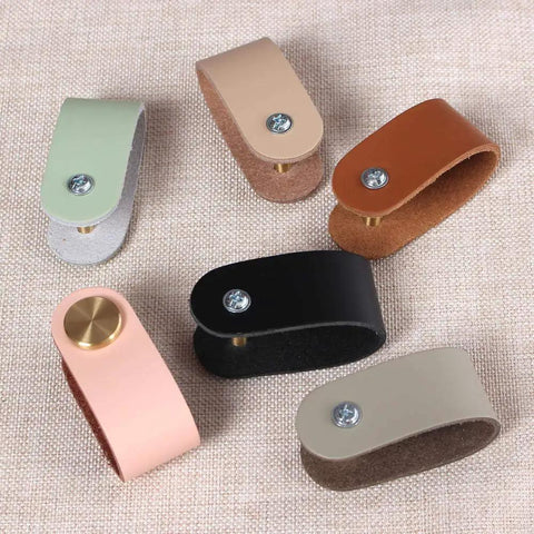 Rock Solid Set Of Six Premium Genuine Cowhide Leather Drawer Pulls With Brass Screws Handmade Cabinet Handles For Bedroom Bathroom Home Decor Light Green in various colors.