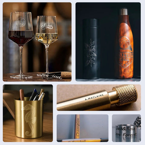 Pro Laser Rotary Roller For Round Etching With Dope 360 Auto Spin And Hella Wide 6 To 300 Millimeter Dial on etched wine glasses, bottles, and holders.