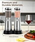 Sleek Stainless Steel Electric Salt And Pepper Grinder Set With Led Light, Adjustable Coarseness, Rechargeable Battery, Storage Base, Premium Automated Spice Mill For Modern Kitchen Gadgets on countertop.