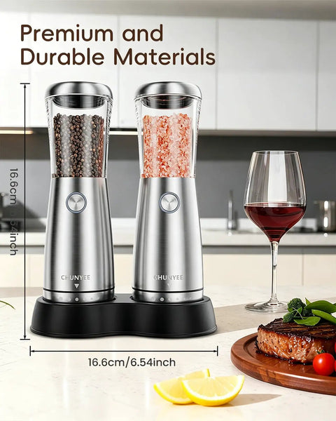 Sleek Stainless Steel Electric Salt And Pepper Grinder Set With Led Light, Adjustable Coarseness, Rechargeable Battery, Storage Base, Premium Automated Spice Mill For Modern Kitchen Gadgets on countertop.