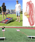 Cornhole Distance Setup Tool With Quarter Inch Rope And Two And A Half Inch Wood Balls For Accurate 27 Foot Board Separation Ideal For Backyard Toss And Tournament Ready Game Setup, rope and wood balls shown beside boards