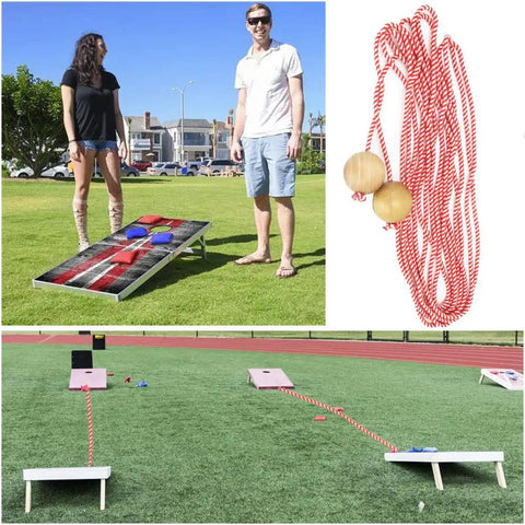 Cornhole Distance Setup Tool With Quarter Inch Rope And Two And A Half Inch Wood Balls For Accurate 27 Foot Board Separation Ideal For Backyard Toss And Tournament Ready Game Setup, rope and wood balls shown beside boards