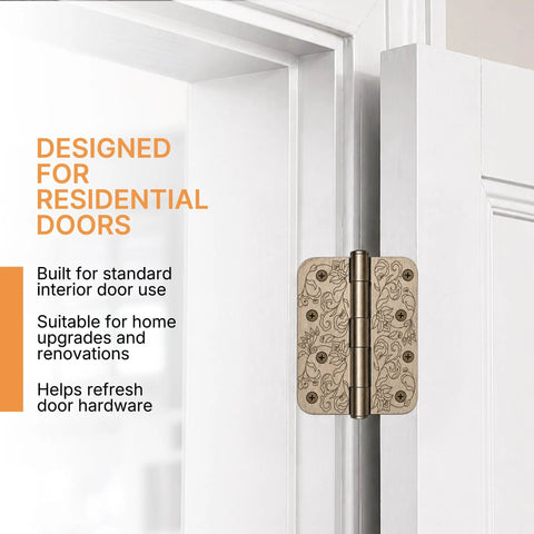 Top Shelf Floral Door Hinges 4 5/8 Inch Laser Etched Decorative Hardware For Interior Residential Doors installed on a white door.