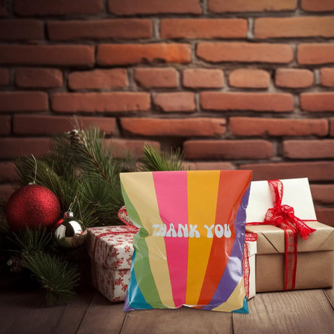 Rainbow Color Waterproof Poly Mailer Bags 100 Count with gifts and decorations, self-sealing, 25x33 cm size, brick background.