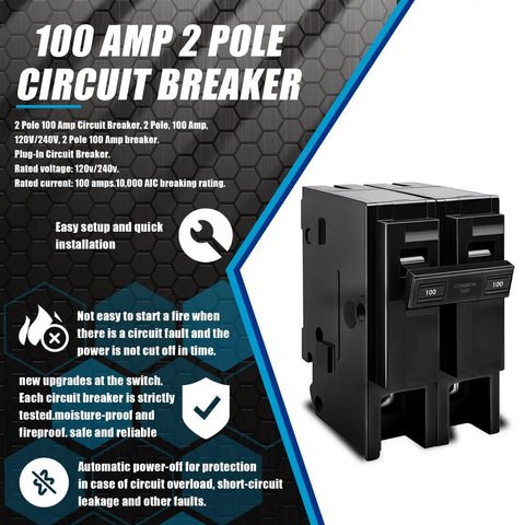 100 Amp 2 Pole Plug-In Circuit Breaker For 120/240V Systems, Thermal Magnetic Protection, side view with features highlighted