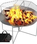 Portable 20 Inch Stainless Steel Wood Burning Fire Pit With Folding Grill And Carry Bag Ultra Compact Travel Ready Stows To About One Point Two Inches Weighs About Six Lbs Ideal For Camping Picnics Backpacking Beach Trips And Outdoor Heating showing flames and grill with carry bag