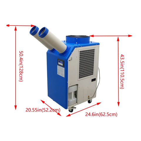 Heavy Duty Outdoor Air Conditioner Straight Up Industrial Powerhouse 220V Portable Cooling Unit With 18700 BTU side view showing dimensions and design.