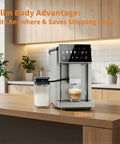 Top Shelf Super Automatic Espresso Maker With Built In Grinder And Dual Boiler Milk Frother For Pulling Seven Killer Shots At Home Featuring Slick Self Cleaning Tech And Absolute Barista Vibes In Silver Finish on kitchen counter with coffee cup.