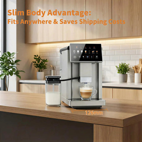 Top Shelf Super Automatic Espresso Maker With Built In Grinder And Dual Boiler Milk Frother For Pulling Seven Killer Shots At Home Featuring Slick Self Cleaning Tech And Absolute Barista Vibes In Silver Finish on kitchen counter with coffee cup.