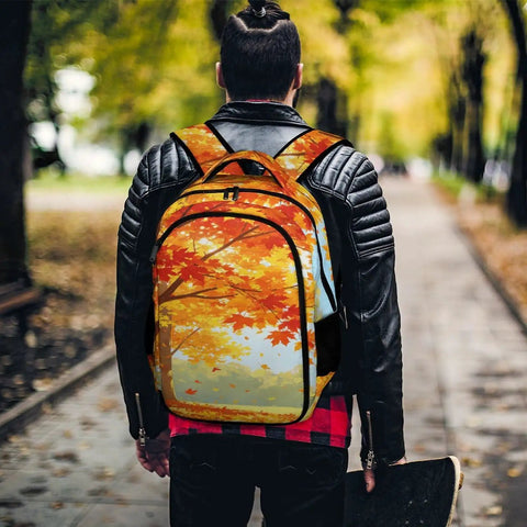 Person wearing Fall Drifting Maple Leaf Print Backpack For Unisex Use Large Capacity Daypack Made From Durable Polyester