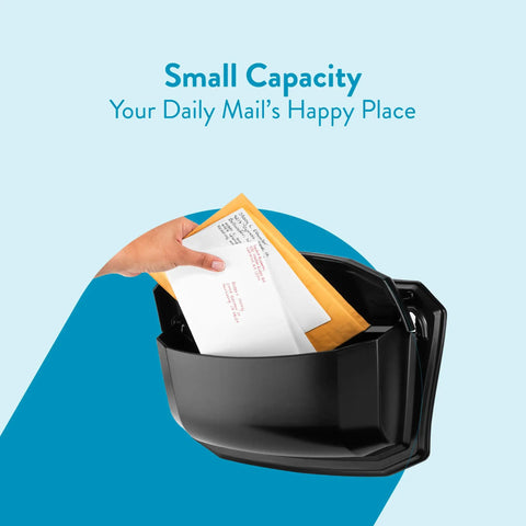 Hand placing mail in Black Wall Mount Mailbox Crafted From Die Cast Aluminum With Powder Coat For Durable Sturdy Build Corrosion Resistant Stainless Steel Hinge Pins Roof Lifts For Easy Mail Retrieval Four Pre Drilled Holes For Fast Secure Weatherproof Installation