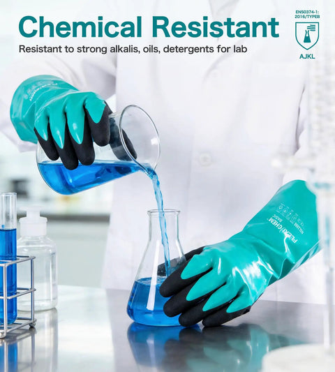 Grind Ready Reusable Nitrile Chemical Work Gloves With Soft Nylon Lining And Black Sandy Non Slip Grip For Serious Acid Alkali Oil Protection On Auto Shop Jobsites X Large, handling chemicals in laboratory.