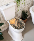 Round Mountain Temple Chinoiserie Sunrise Misty Chinese Ink Toilet Seat on a white toilet, showcasing intricate ink design and soft-close hinge.