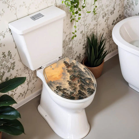 Round Mountain Temple Chinoiserie Sunrise Misty Chinese Ink Toilet Seat on a white toilet, showcasing intricate ink design and soft-close hinge.