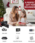 4K Video Camcorder With 64MP Photos, ideal for YouTube vlogs, shown with accessories including SD card, cable, and Christmas gift.
