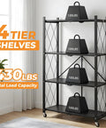Heavy Duty 4 Tier Foldable Storage Shelf, Massive Rolling Wire Rack With Pivoting Casters, Dead Simple Tool Free Assembly, Total Game Changer Cube Organizer For Kitchen Pantry Garage Or Home Office, Black with weights on shelves.
