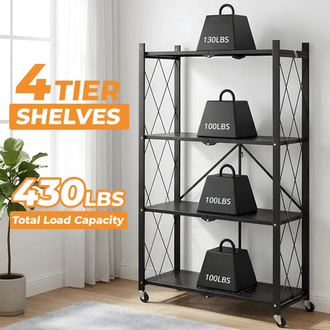 Heavy Duty 4 Tier Foldable Storage Shelf, Massive Rolling Wire Rack With Pivoting Casters, Dead Simple Tool Free Assembly, Total Game Changer Cube Organizer For Kitchen Pantry Garage Or Home Office, Black with weights on shelves.