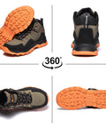 Waterproof Steel Toe Work Boots For Men With Wide Toe Design, Non Slip Safety Shoes shown in olive green from multiple angles.