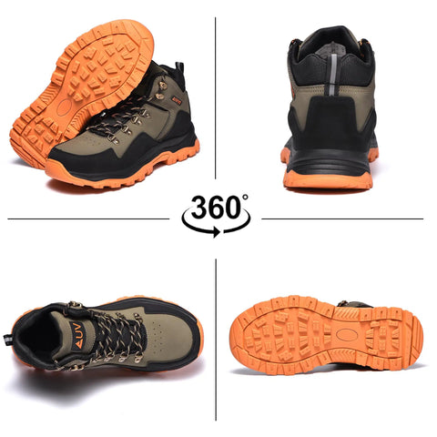Waterproof Steel Toe Work Boots For Men With Wide Toe Design, Non Slip Safety Shoes shown in olive green from multiple angles.