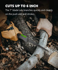 Person using 7 Inch Folding Hand Pruning Saw For Camping And Outdoors Beefy Heavy Duty Foldable Wood Cutting Tool on tree branch.