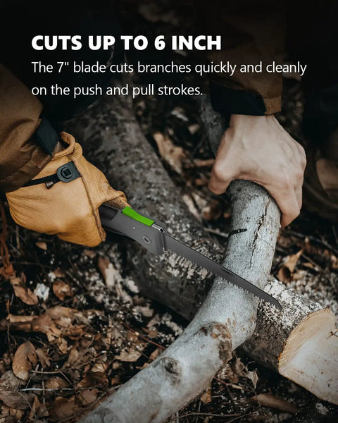 Person using 7 Inch Folding Hand Pruning Saw For Camping And Outdoors Beefy Heavy Duty Foldable Wood Cutting Tool on tree branch.