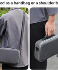 Person wearing the All-In-One Drone Case And Travel Bag With Dual Battery Slots as a shoulder bag, gray material.
