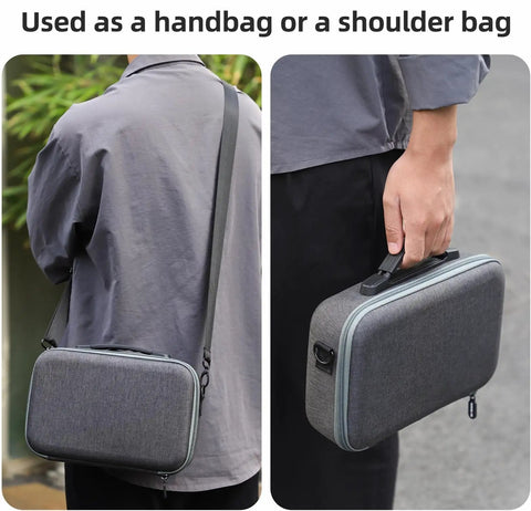 Person wearing the All-In-One Drone Case And Travel Bag With Dual Battery Slots as a shoulder bag, gray material.