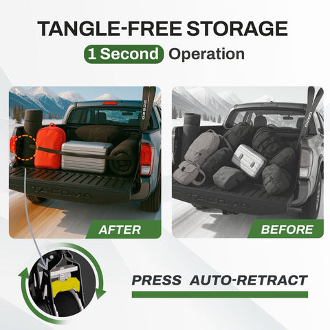 Comparison of truck bed with Rotating Retractable Ratchet Straps For Toyota Tacoma Tundra And Jeep Gladiator Bed Rails
