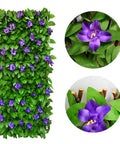Expandable Fence Privacy Screen For Balcony And Patio Outdoor With Decorative Faux Ivy Fencing Panel And Artificial Hedges In A Natural Willow Look With Purple Flower close-up