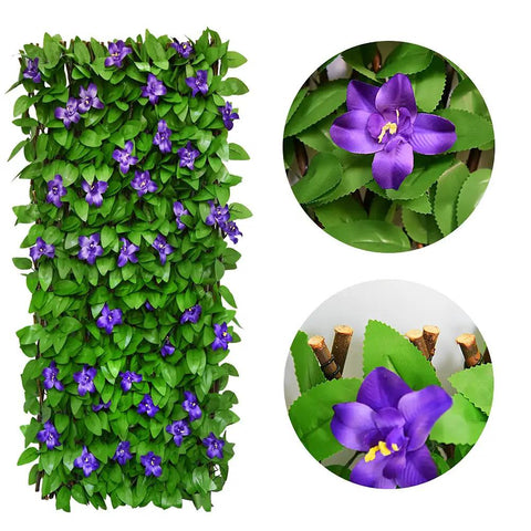 Expandable Fence Privacy Screen For Balcony And Patio Outdoor With Decorative Faux Ivy Fencing Panel And Artificial Hedges In A Natural Willow Look With Purple Flower close-up