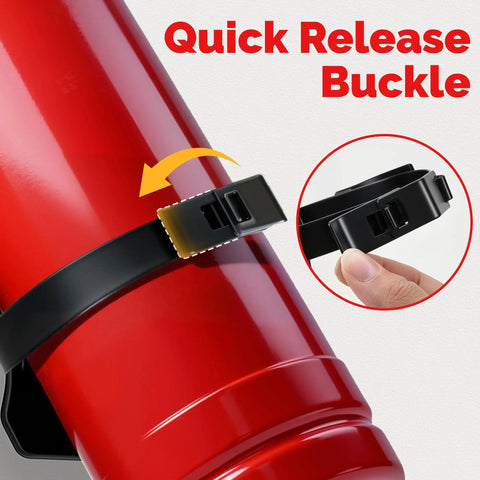 Close-up of the 5 Pack Fire Extinguisher Mount Brackets 5 Lb Metal Strap Holder showing quick release buckle design.