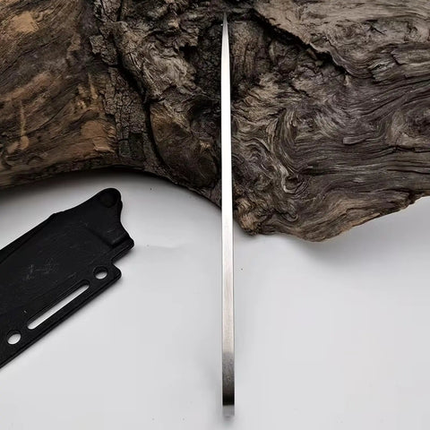 Dope Outdoor Straight Knife With Sheath And Back Clip, side view on wood, 2nd Gen Hiking Knife For Camping And Everyday Carry