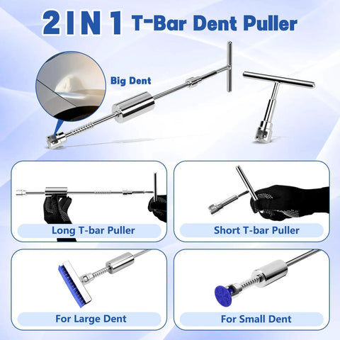 All In One 140 Piece Car Dent Removal Kit With T Bar Slide Hammer Bridge Puller Dent Lifter Suction Cups Glue Gun Tap Down Pen 100 Plus Puller Tabs For Easy DIY Dent Repair Of Dents Hail Damage And Door Dings, 2-in-1 T-bar puller