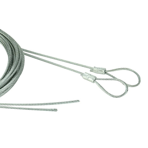 Safety Cable Kit For Extension Springs with loop end cables and clamps shown in silver color, DIY install 10 foot length