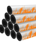 10 Pack Pipe Insulation Foam Tubes Three Quarters Inch Self Adhesive Pre Slit Aluminum Foil Covers, stacked, flame design visible.