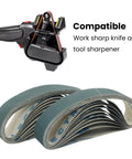 Replacement 20 Piece Sanding Belt Kit 400 Grit Ceramic and Aluminum Oxide Belts for Ken Onion Edition Work Sharp Knife and Tool Sharpener Pro Grade Sharpening Belts with belts and sharpener visible